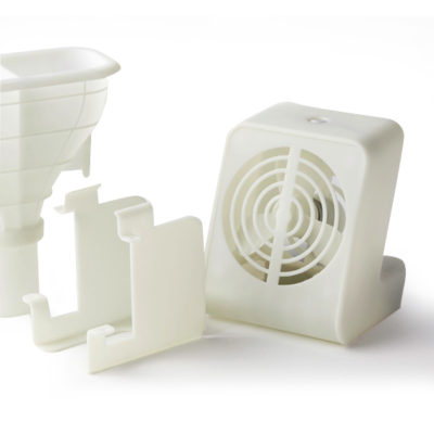 Housing, a bracket and fan inside a housing all cast in white plastic