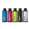 five containers with cyan, magenta, yellow, black, white labels